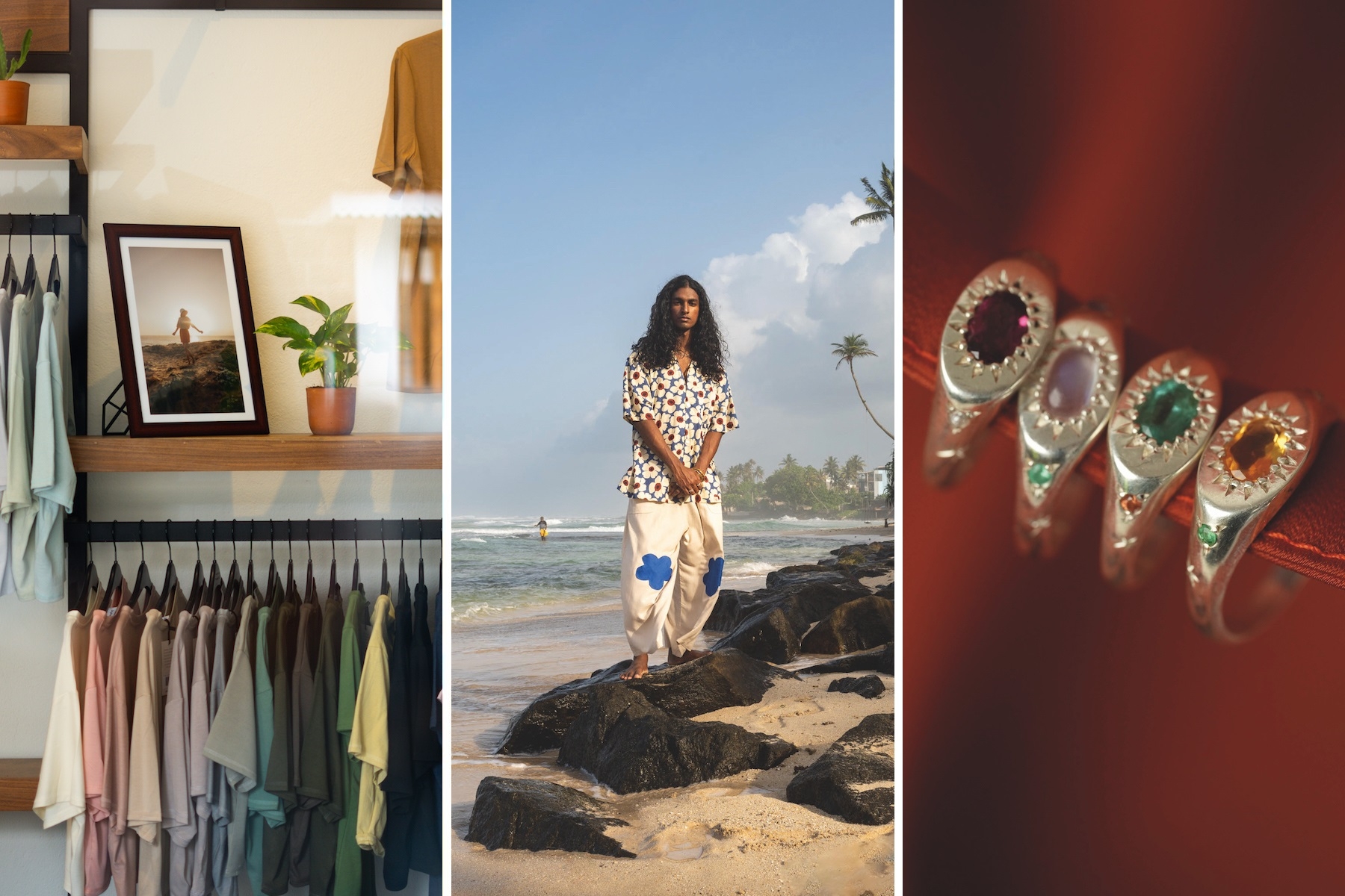 Ahangama Sri Lanka Shopping - Clothing racks at Daydream, beachwear from Secrets of the Sun, rings by Olive Yu.