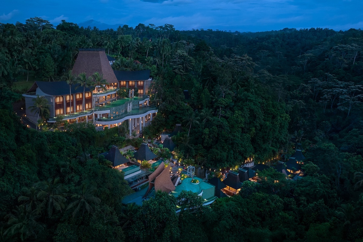 An aerial view of Hiliwatu Bali Ubud at blue hour.