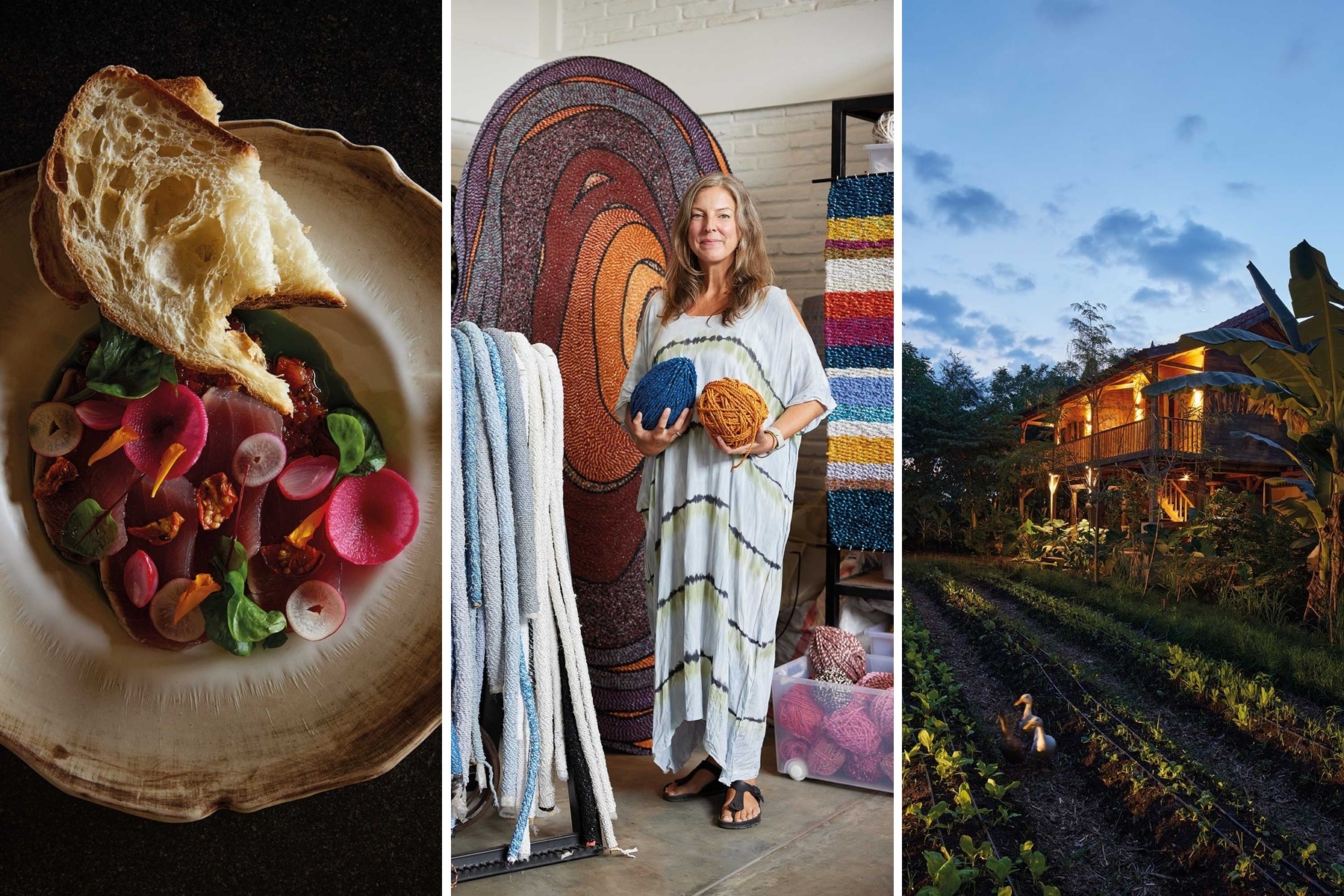 Scenes from Lombok, Indonesia: An appetizer at Milky Wave restaurant; artist Elissa Gjertson; a bungalow at Saifana Organic Farm.