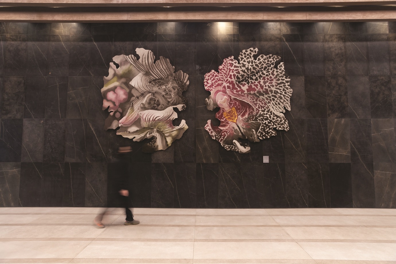 Patricia Perez Eustaquio’s oil-on-aluminum orchid diptych The Hunters Enter the Woods.