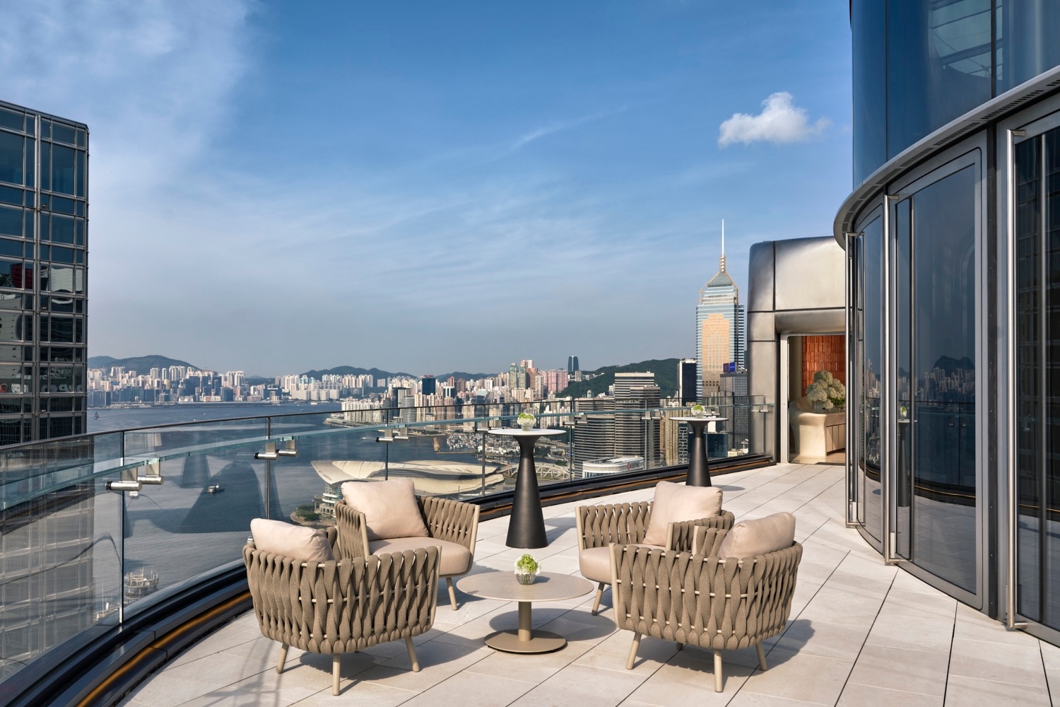 Overlooking Victoria Harbour from the terrace at Cloud 39.