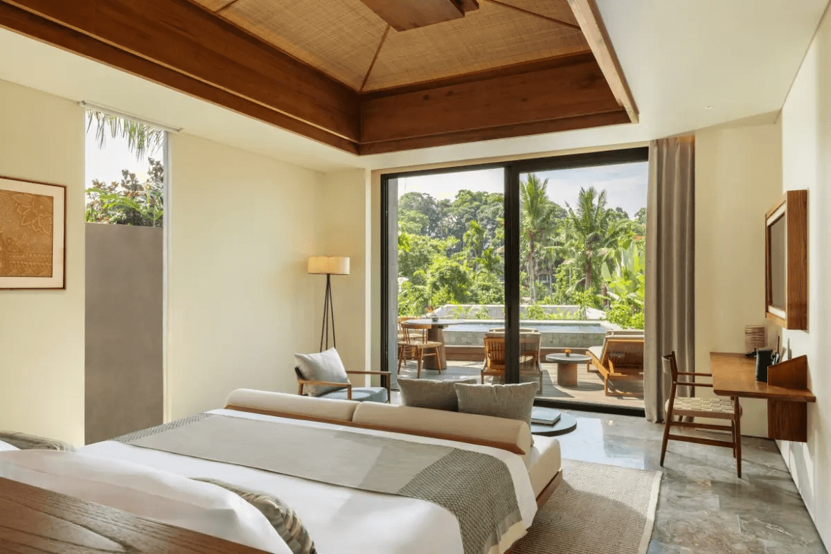 Wake up to tranquil vistas from the beautiful Villa Bedroom View at Alaya Hotels & Resorts.