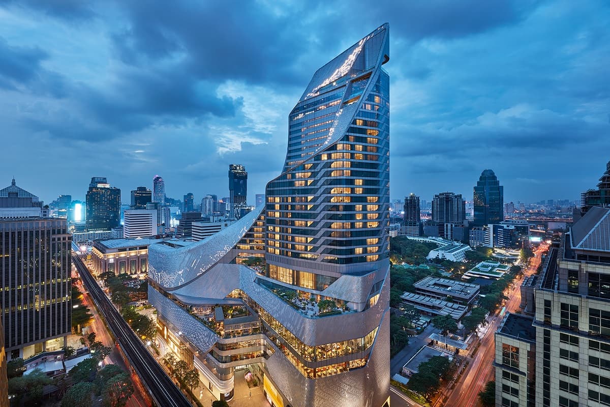 The striking exterior of Park Hyatt Bangkok and the Central Embassy mall below.