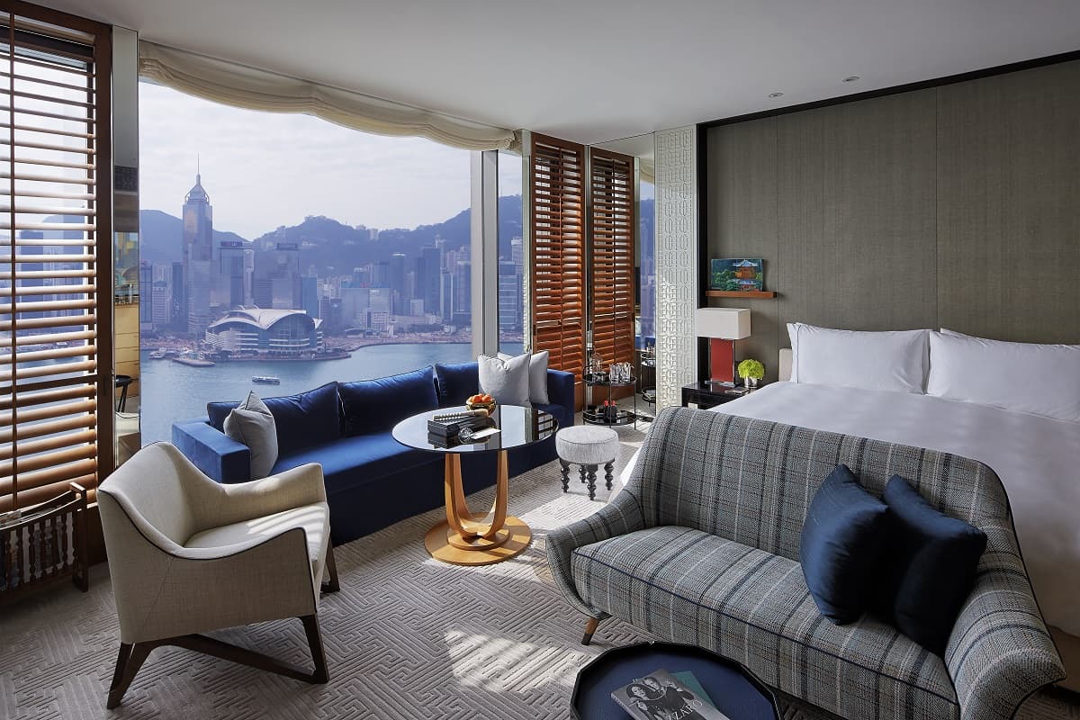 Inside a 53-square-meter Grand Harbour View room at Rosewood Hong Kong.