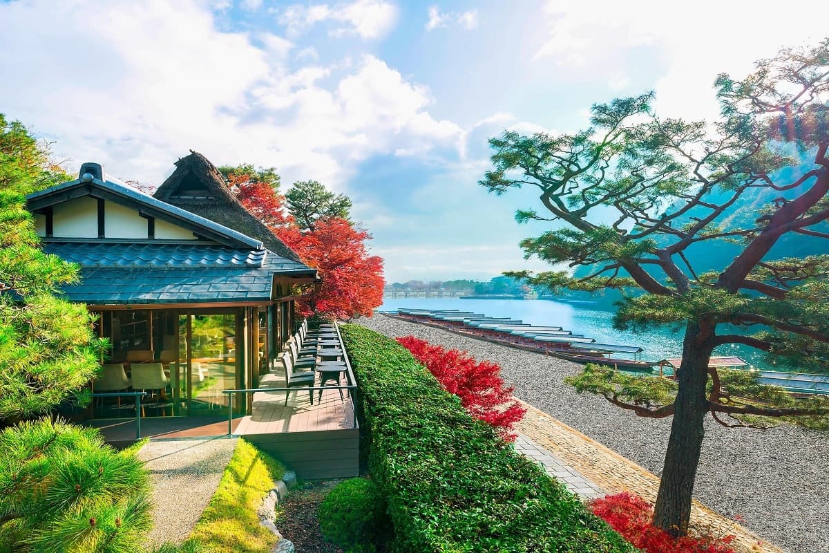 The terrace at Café Hassui directly overlooks Arashiyama’s Hozu river.