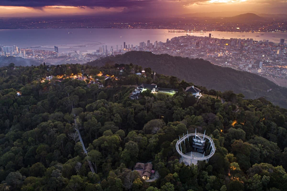 A bird’s-eye view of The Habitat Penang Hill at sunrise.