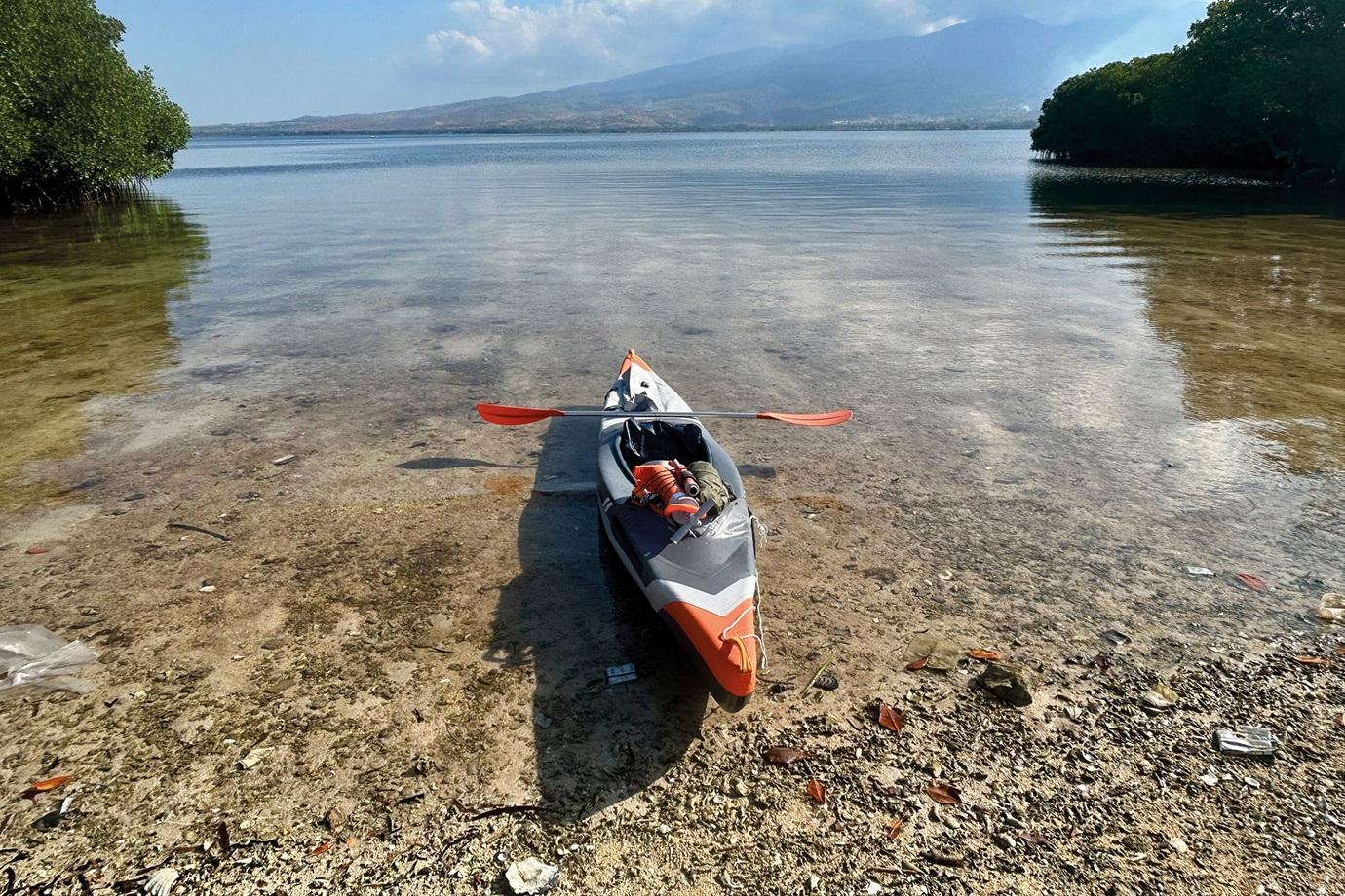 The author’s kayak beached in a mangrove-fringed cove at Gili Lawang.